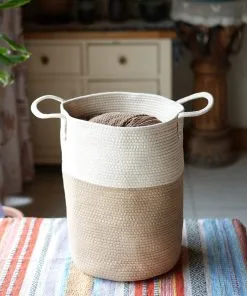 Cotton Rope Woven Laundry Basket Hamper Tall Beige Brown 3