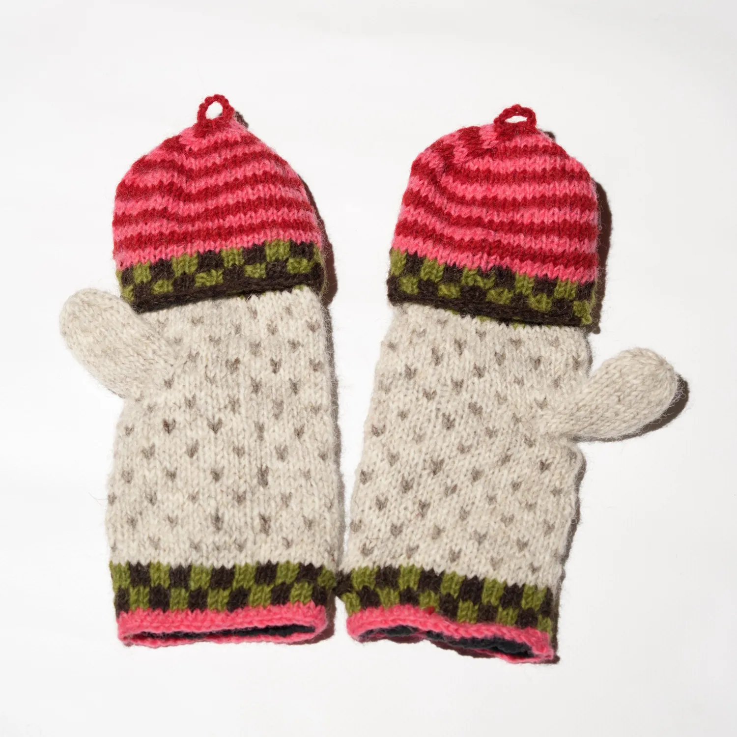 100% Lamb Wool Hand Knitted Convertible Fingerless Mitten Winter Gloves 012