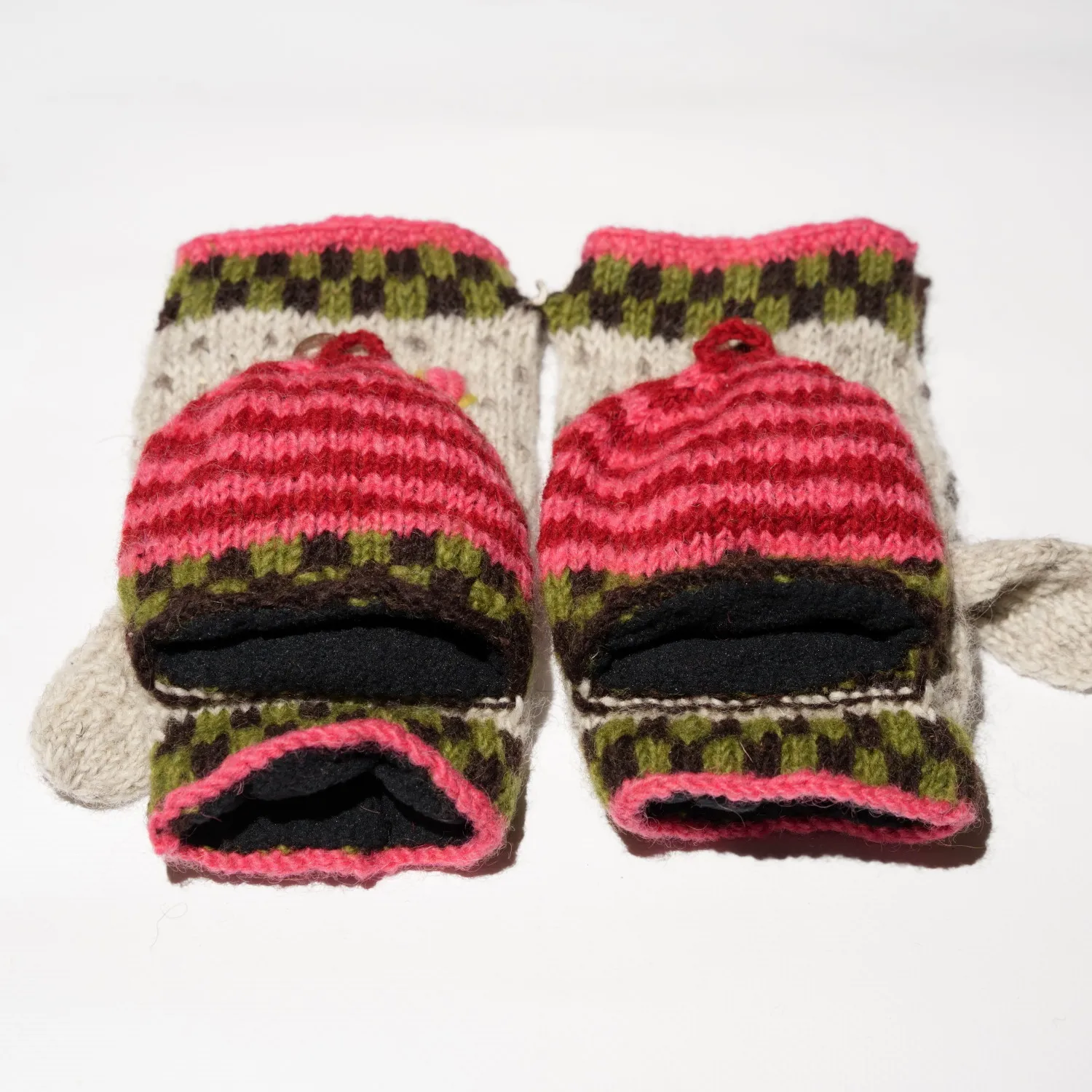 100% Lamb Wool Hand Knitted Convertible Fingerless Mitten Winter Gloves 012