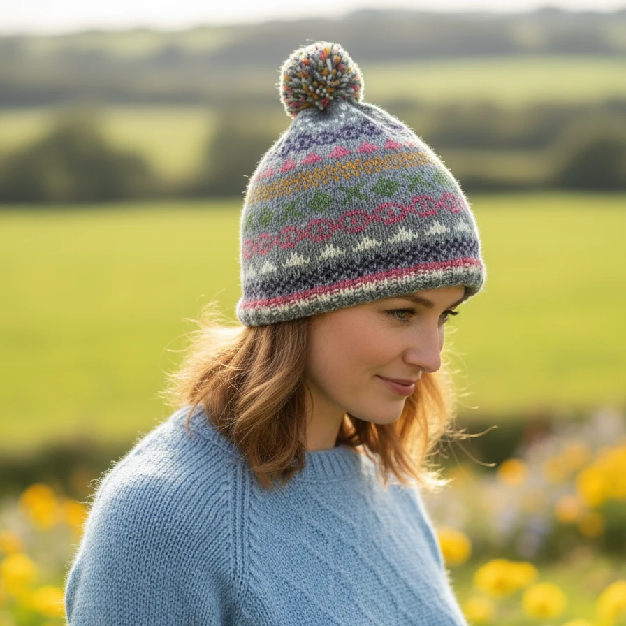 Handknitted Pure Wool Winter Hat Bobble Beanie 084