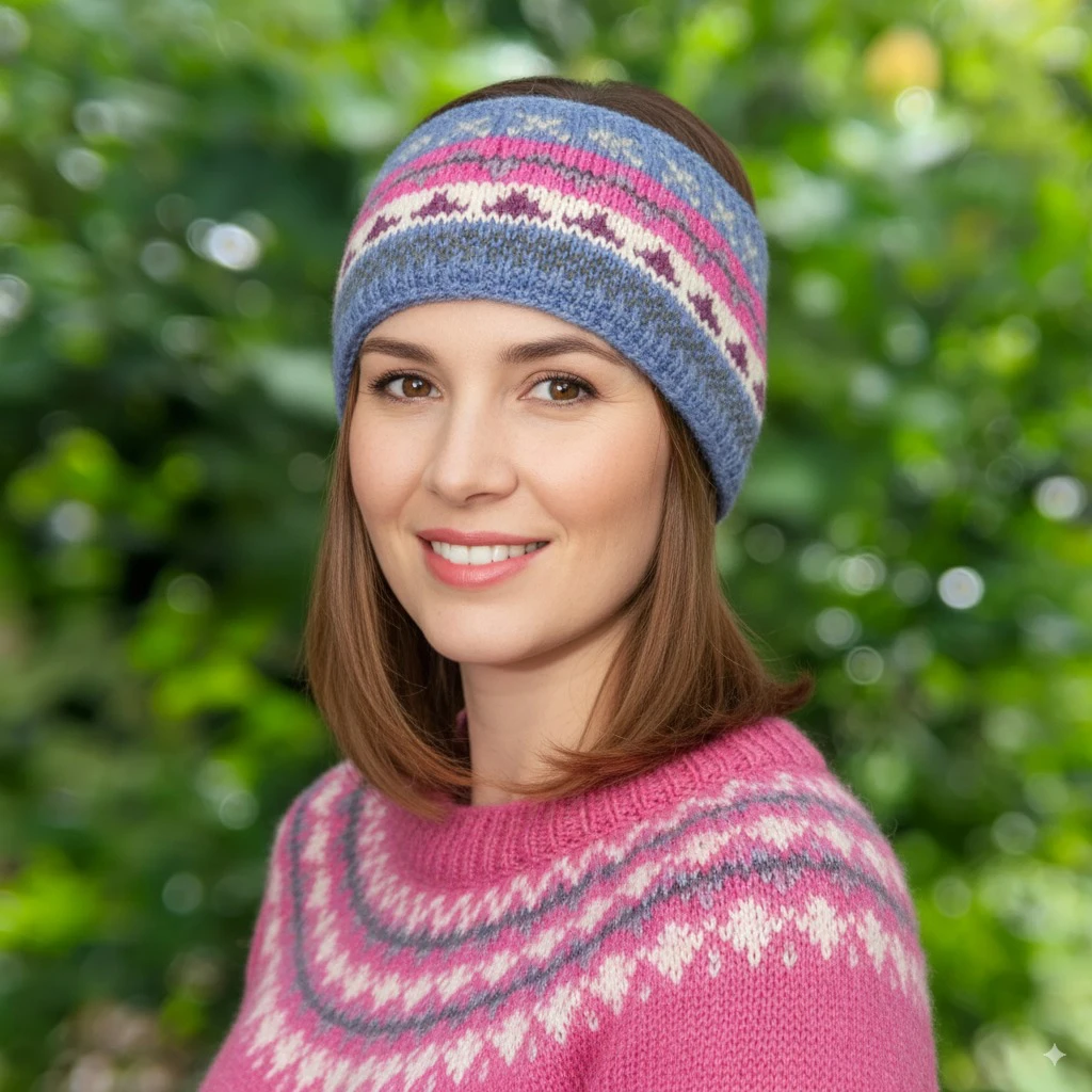 Blue Multicolored Pure Wool Hand Knitted Headband WO58HB