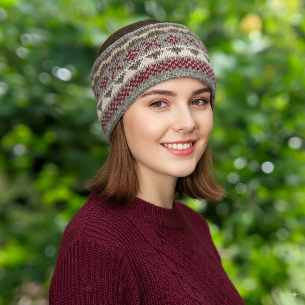 Grey Red Pure Wool Headband with Inner Fleece WO59HB