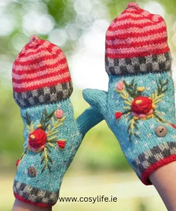 100% Lamb Wool Hand Knitted Convertible Fingerless Mitten Winter Gloves 011
