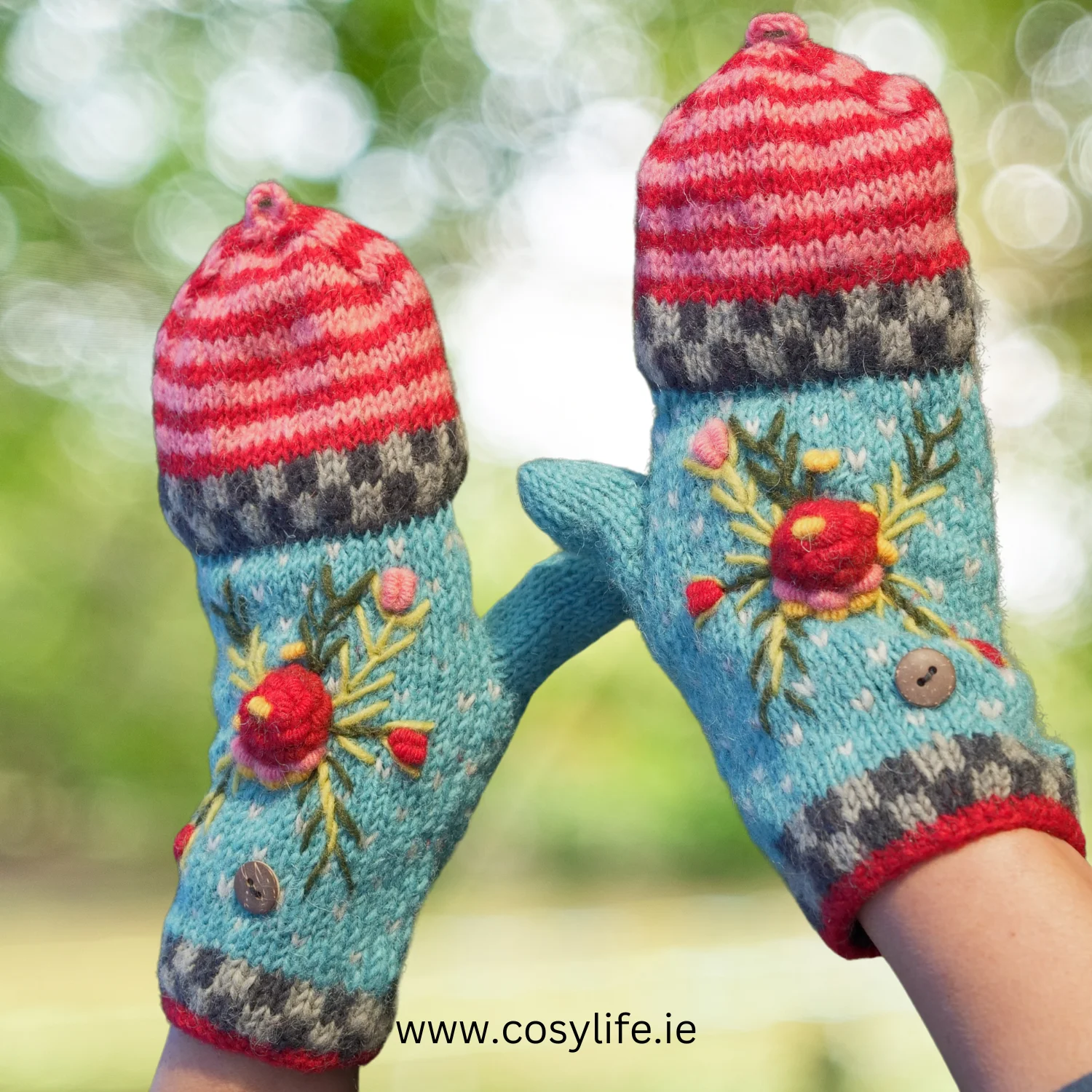 100% Lamb Wool Hand Knitted Convertible Fingerless Mitten Winter Gloves 011