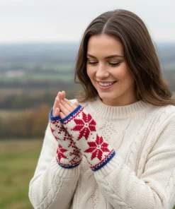 Hand Knit Snow Flake Pattern Fingerless Mittens Or Hand Warmers WO60