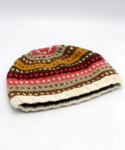 Hand Knitted Pink And White Multicolored Woolen Winter Beanie