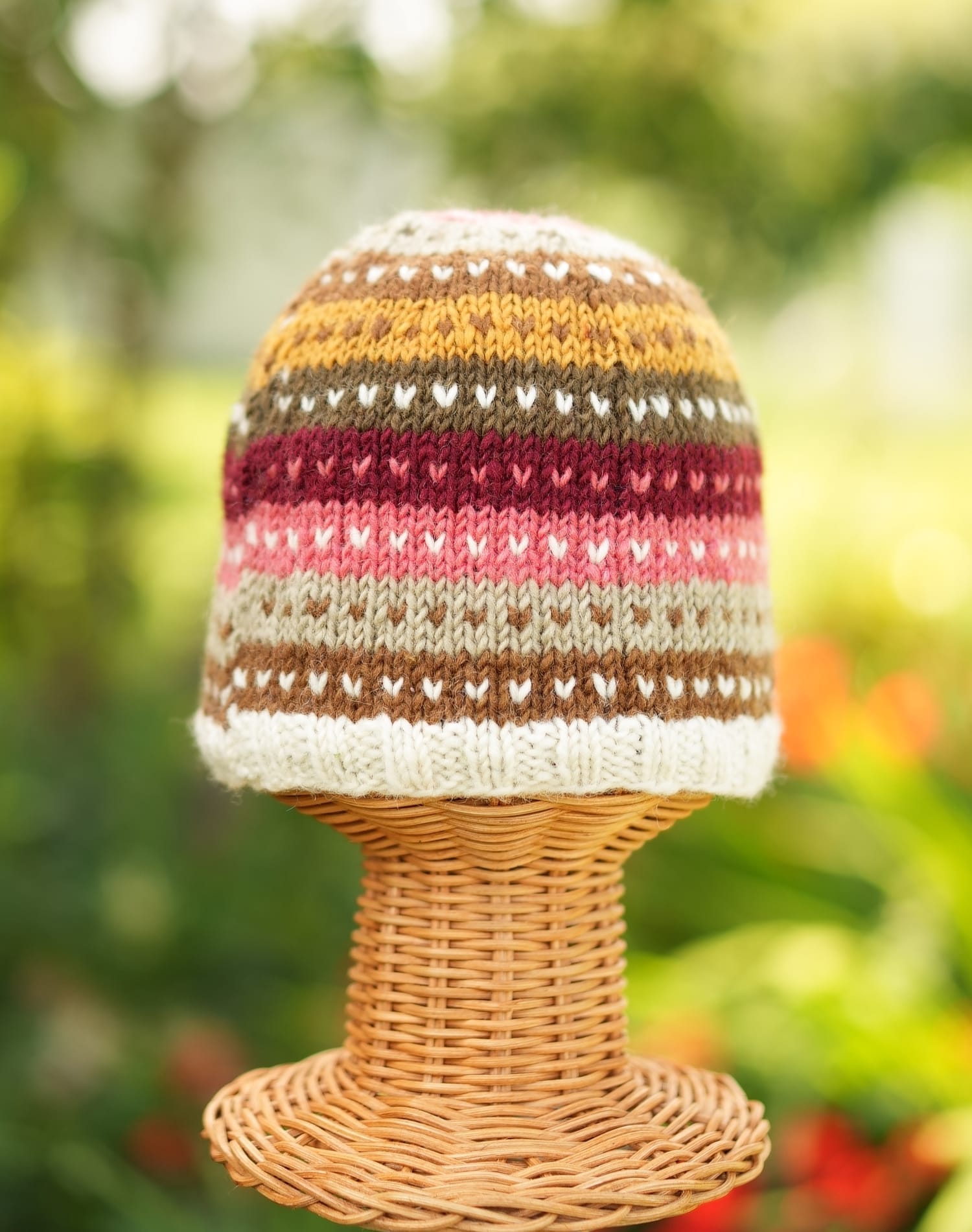 Hand Knitted Pink And White Multicolored Woolen Winter Beanie