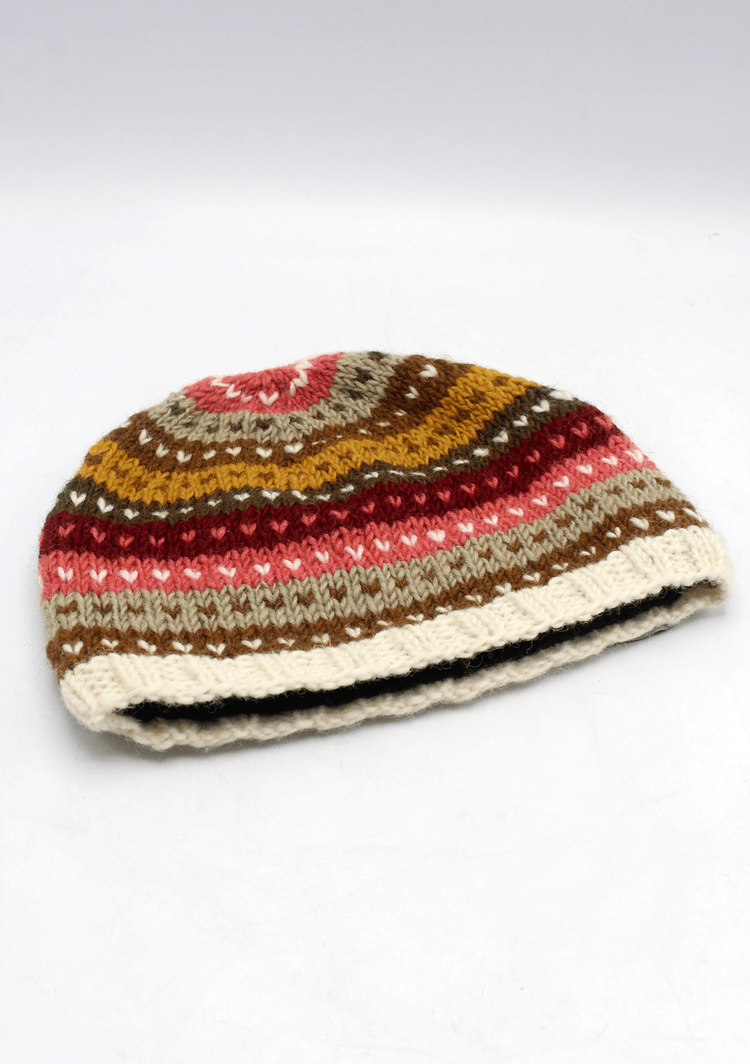 Hand Knitted Pink And White Multicolored Woolen Winter Beanie