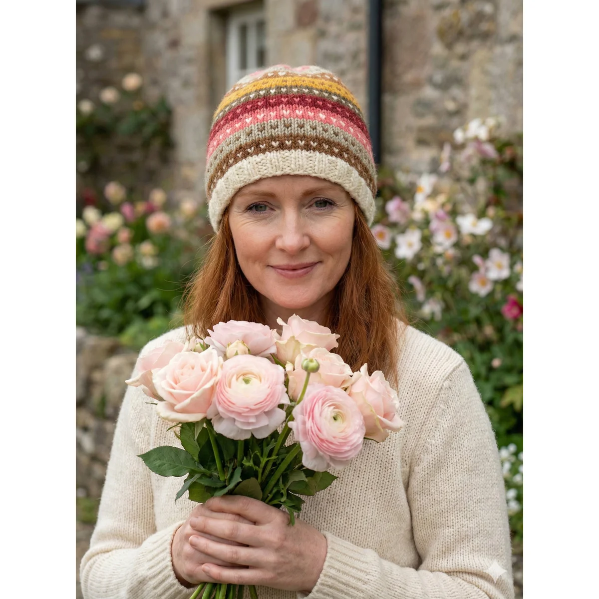 Hand knitted Pure Wool Pink and White Multicolored Winter Beanie Fine Knit