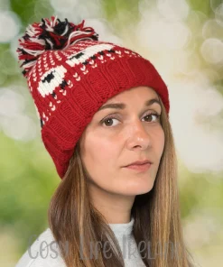 Hand Knitted Roll Back Winter Hat 100% Wool Bobble Beanie With Sheep Red RC22