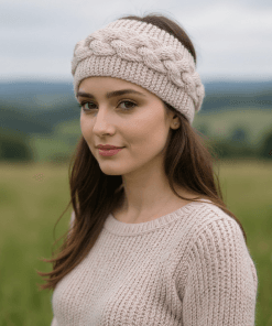 100% Wool Aran Cable Pattern Hand Knitted Winter Headband with Inner Fleece 003
