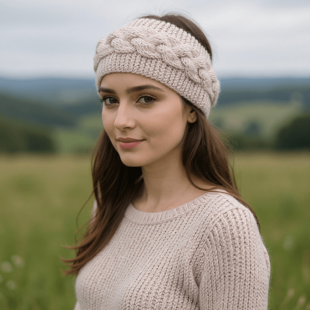 100% Wool Aran Cable Pattern Hand Knitted Winter Headband with Inner Fleece 003