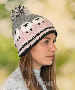 Hand Knitted Pure Wool Flock Of Sheep Winter Hat Bobble Beanie Baby Pink RC23