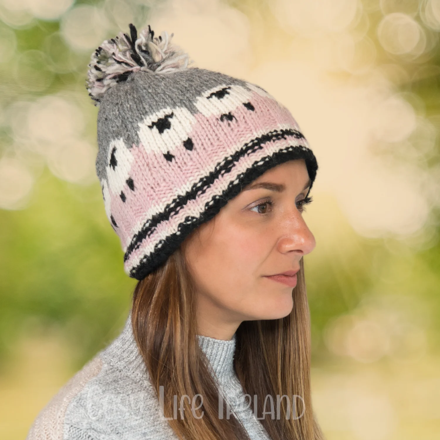 Hand Knitted Pure Wool Flock Of Sheep Winter Hat Bobble Beanie Baby Pink RC23