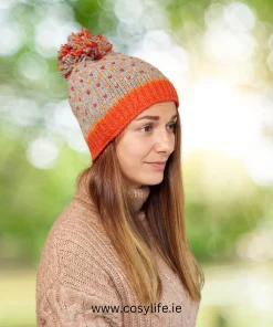 Hand Knitted Pure Wool Winter Hat Bobble Beanie Grey and Maroon RC08