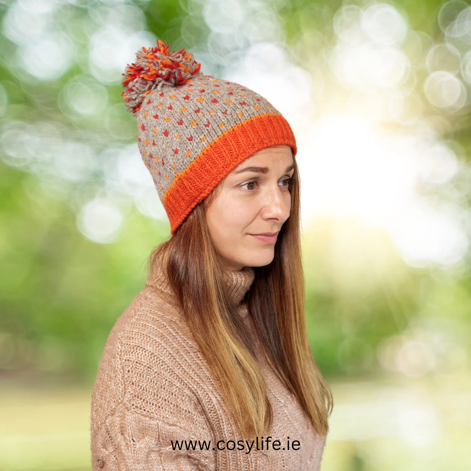 Hand Knitted Pure Wool Winter Hat Bobble Beanie Grey and Maroon RC08