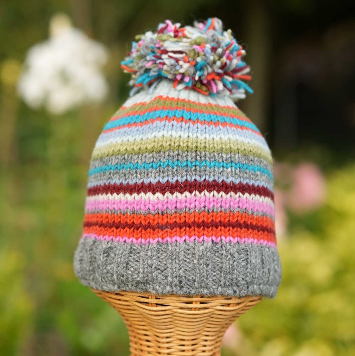 Hand Knitted Pure Wool Winter Hat Bobble Beanie Grey Rc06 2