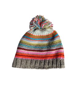 Hand Knitted Pure Wool Winter Hat Bobble Beanie Grey Rc06