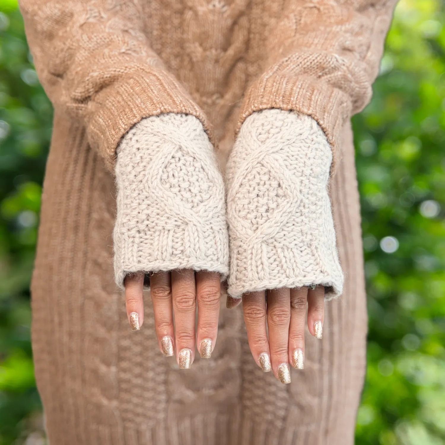 Pure Wool Hand Knitted Fingerless Mitten Or Handwarmer Aran Knit Rc16