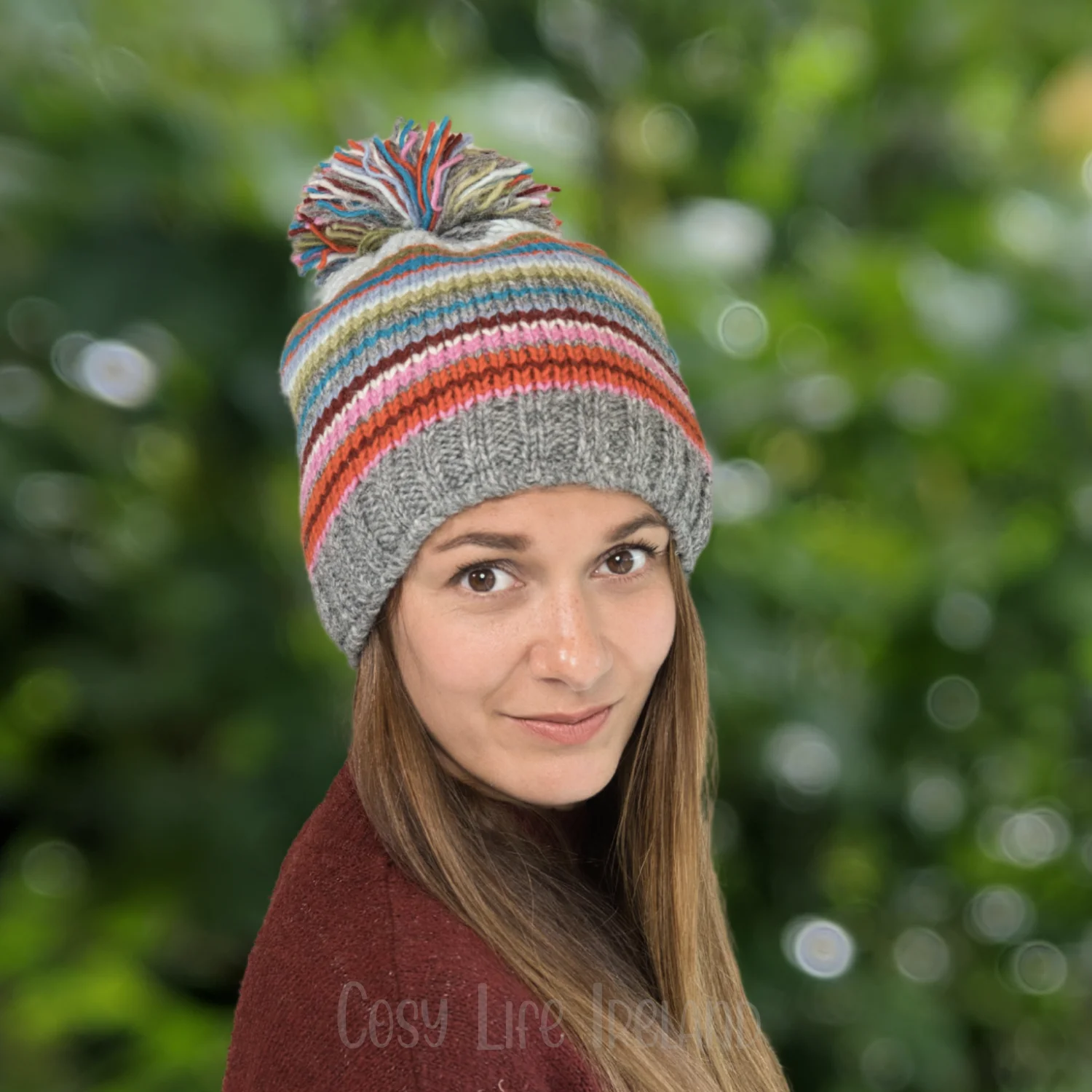 Hand Knitted Pure Wool Winter Hat Bobble Beanie Grey Rc06