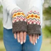 Pure Wool Hand Knitted Fingerless Mitten Or Handwarmer Light Grey And Brown Rc02