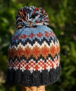 100% Lamb Wool Blue and Charcoal Bobble Beanie Winter Hat LC02PP
