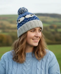 Pure Wool Handknitted Navy Blue Roll Back Bobble Beanie With Sheep RC29