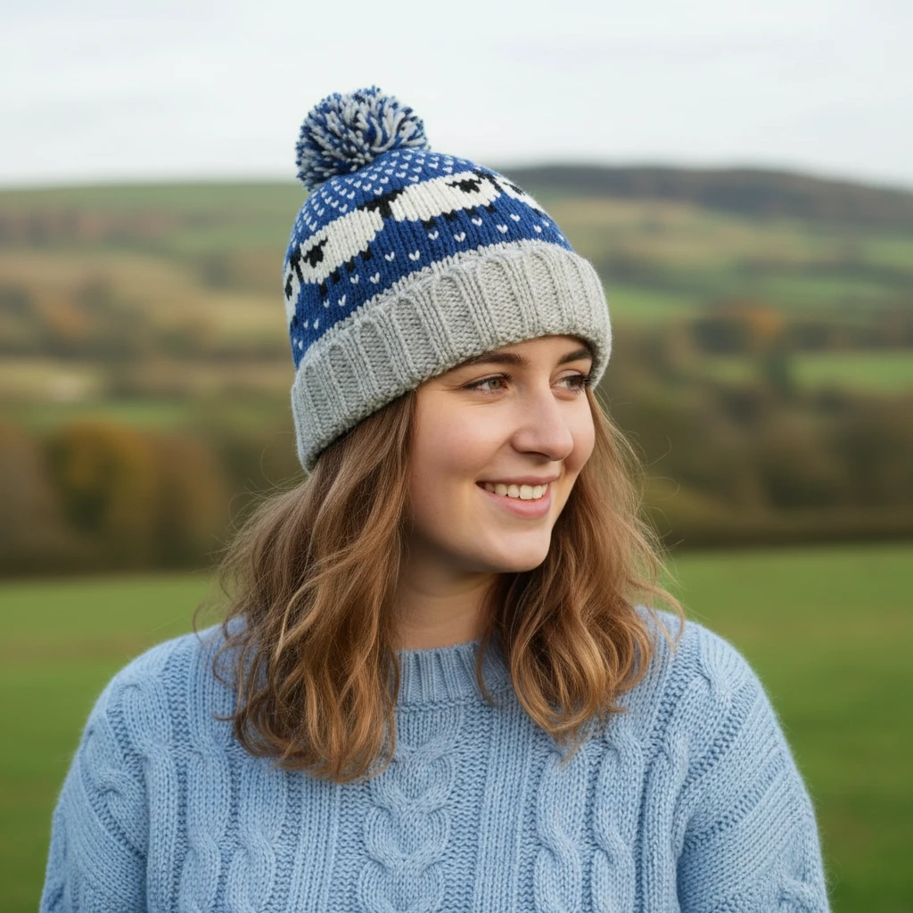 Pure Wool Handknitted Navy Blue Roll Back Bobble Beanie With Sheep RC29