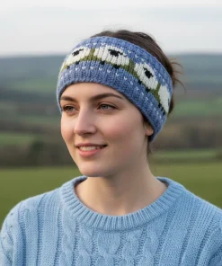 Hand Knitted Pure Wool Flock Of Sheep Headband Denim Blue RC28HB