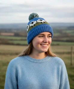 Hand Knitted Pure Wool Flock Of Sheep Roll Back Winter Hat Bobble Beanie Blue KS01