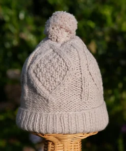 Handknitted Pure Wool Bobble Beanie Winter Hat Aran Knit Beige RC16 - Image 3