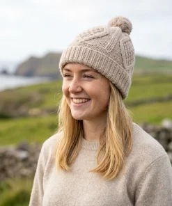 Handknitted Pure Wool Bobble Beanie Winter Hat Aran Knit Beige RC16