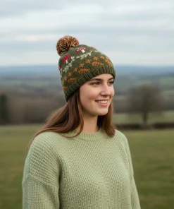 Pure Wool Hand-knit Mushroom Bobble Beanie Olive Green PN015 Fine Knit