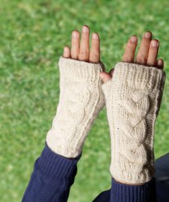 Pure Wool Hand Knitted Fingerless Mitten Or Handwarmer Cable Knit Cream Nk01 2