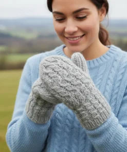 100% Lamb Wool Hand Knitted Mitten Winter Gloves Light Grey WO16M