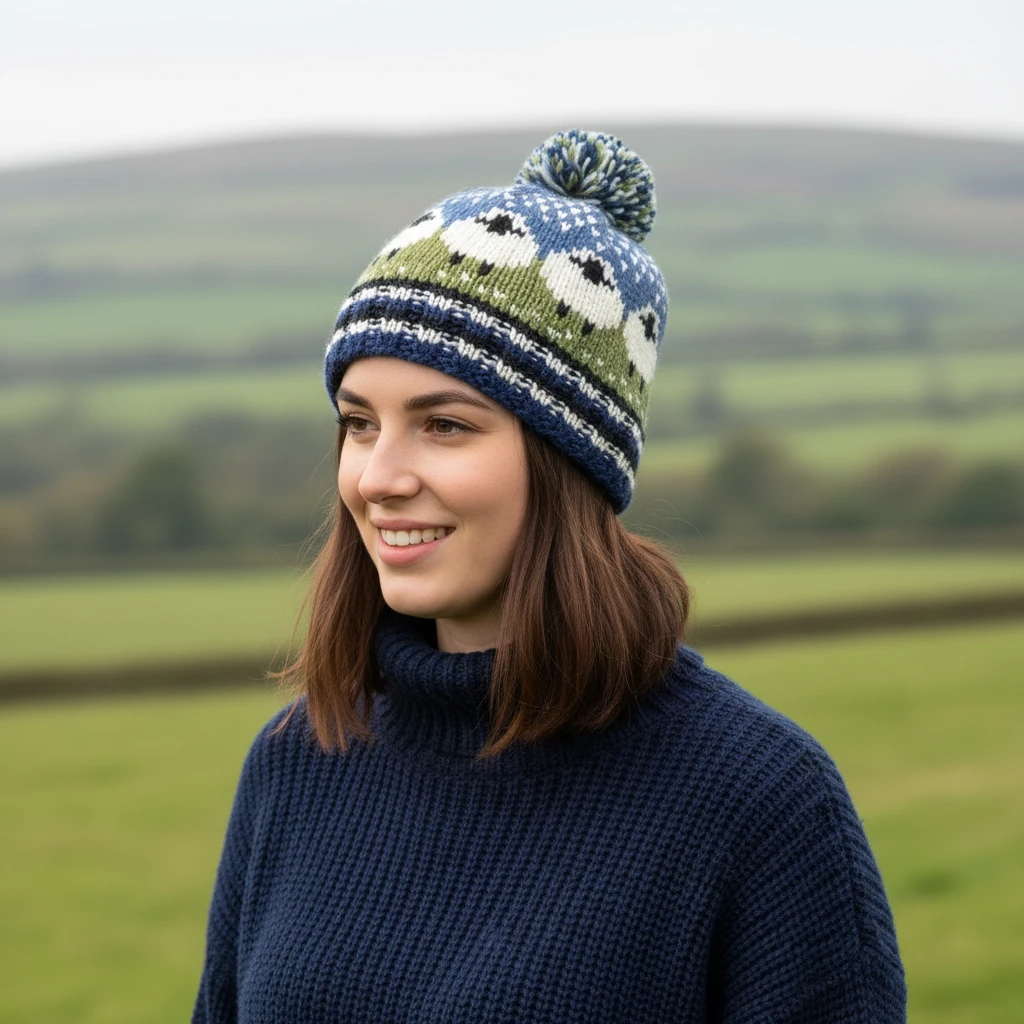 Handknitted Unisex Pure Wool Winter Hat Bobble Beanie with Sheep Design NK001