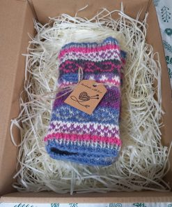 Pure Wool Hand Knitted Mittens or Hand Warmers Lilac Raspberry and Blue WO58 - Image 3