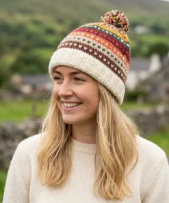 Hand Knitted Pure Wool Roll Back Winter Hat Bobble Beanie KS02