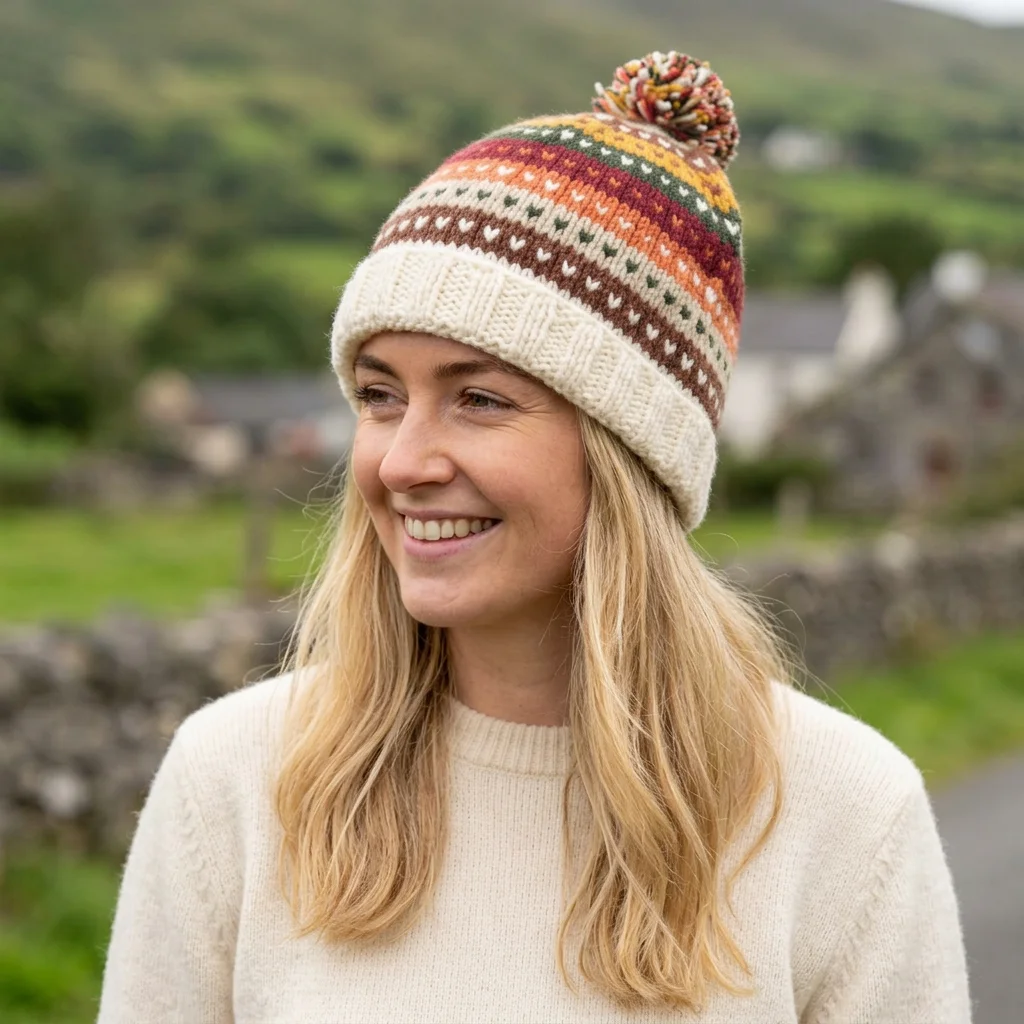 Hand Knitted Pure Wool Roll Back Winter Hat Bobble Beanie KS02