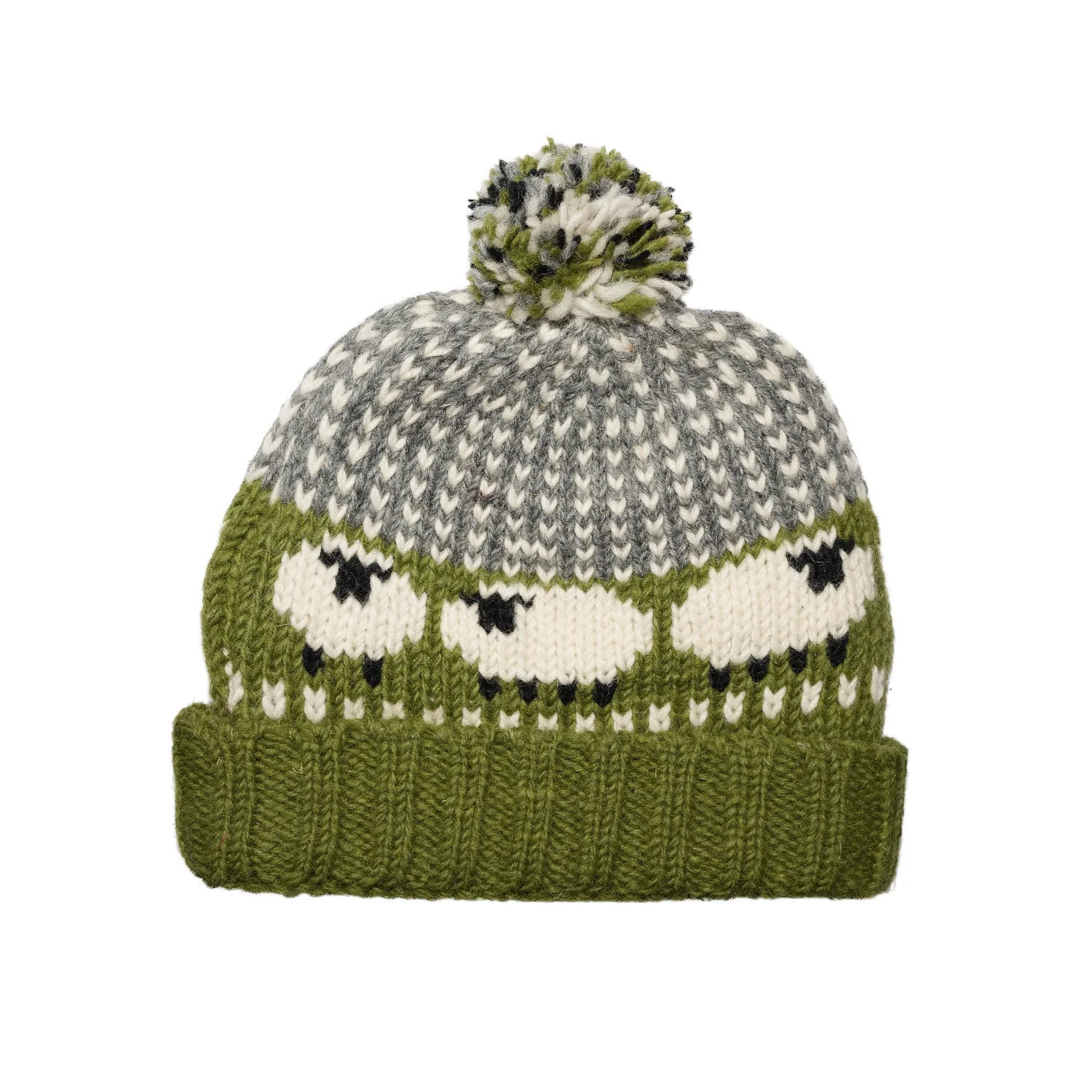 Hand-Knitted Pure Wool Roll Up Bobble Beanie Sheep Olive Green 25RC02 - Image 2