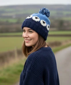 Pure Wool Hand-knitted Wool Bobble Beanie PN005PP Sheep Navy Blue