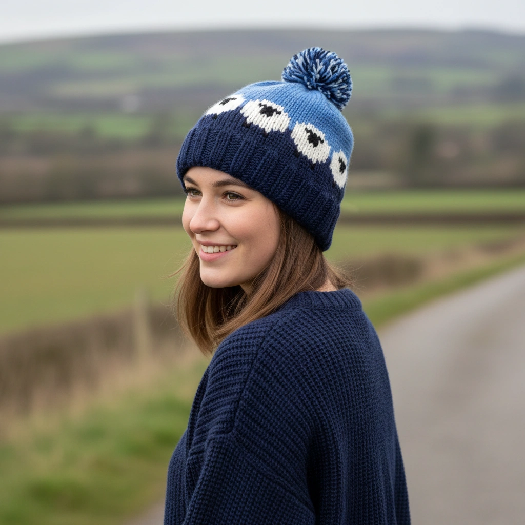 Pure Wool Hand-knitted Wool Bobble Beanie PN005PP Sheep Navy Blue