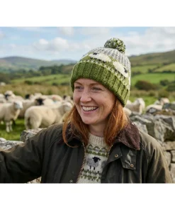 Hand-Knitted Pure Wool Roll Up Bobble Beanie Sheep Olive Green 25RC02