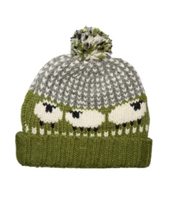 Alternative view of Hand-Knitted Pure Wool Roll Up Bobble Beanie Sheep Olive Green 25RC02