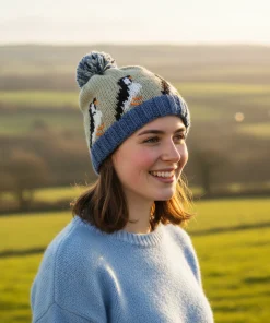 Pure Fine Wool Hand-knitted Wool Bobble Beanie Puffin PN009 Green