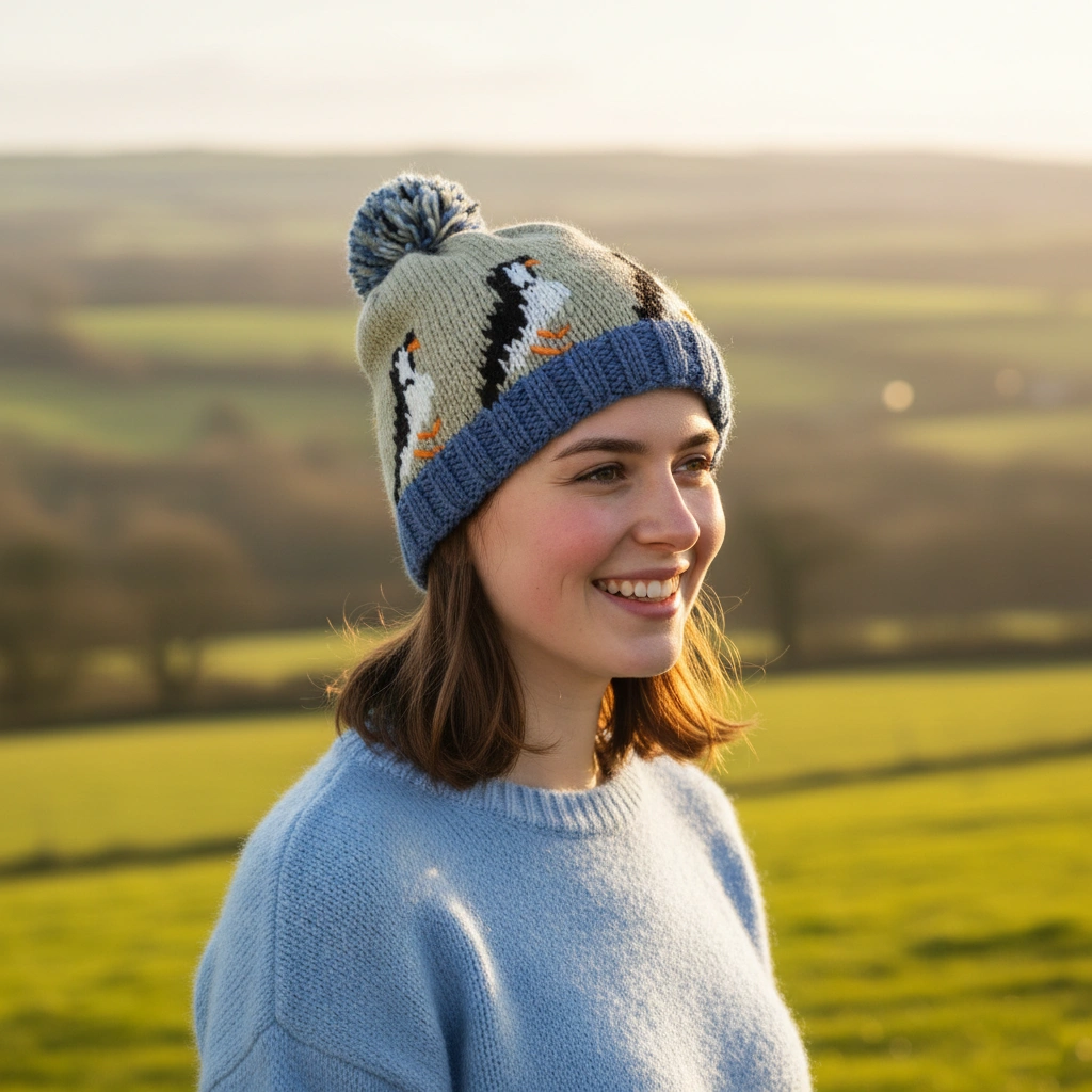 Pure Fine Wool Hand-knitted Wool Bobble Beanie Puffin PN009 Green