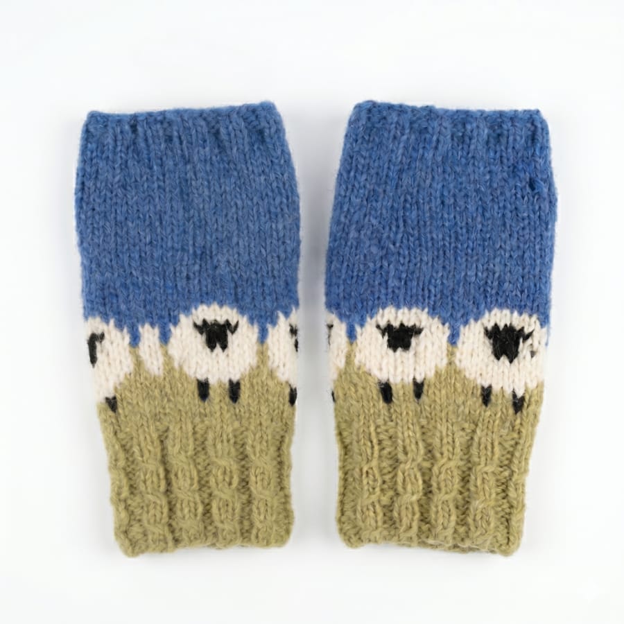 Pure Wool Hand Knitted Fingerless Mitten or Handwarmer Cable Boarder PN005HW Olive Green - Image 2