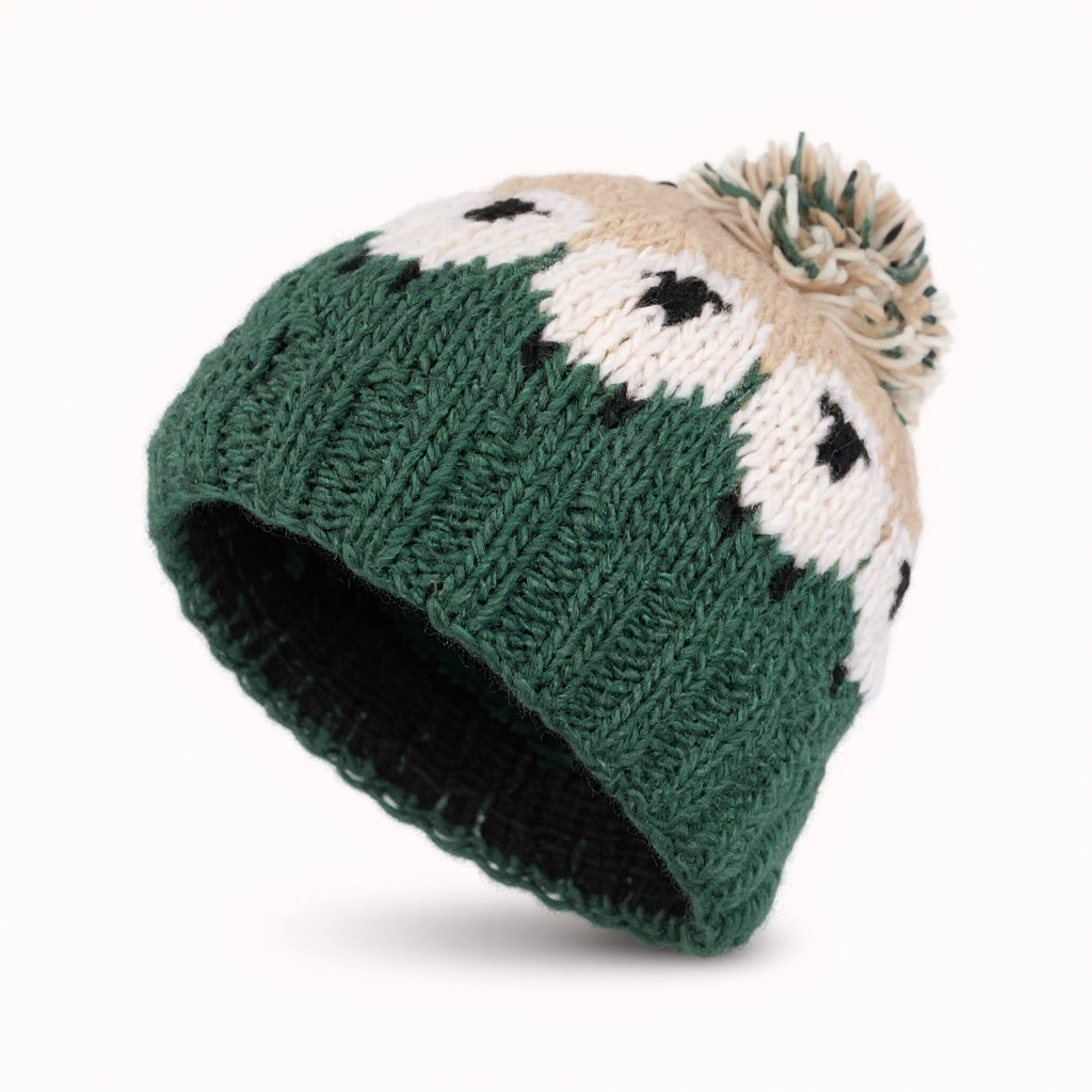 Pure Wool Hand-knitted Wool Bobble Beanie PN005PP Sheep Dark Green - Image 2