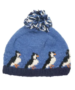 Hand-knitted Fine Wool Bobble Beanie Puffin Design Fleece With Pompom PN009 Navy Blue - Image 2
