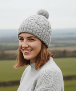 Hand knit Pure Wool Bobble Beanie Winter Hat Aran Cable Knit Grey RC15PP
